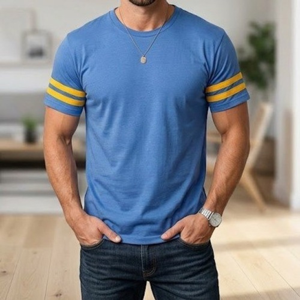 Royal Avalon Sport Mens Blue Yellow Striped Sleeve Cotton Jersey T-Shirt Large‎